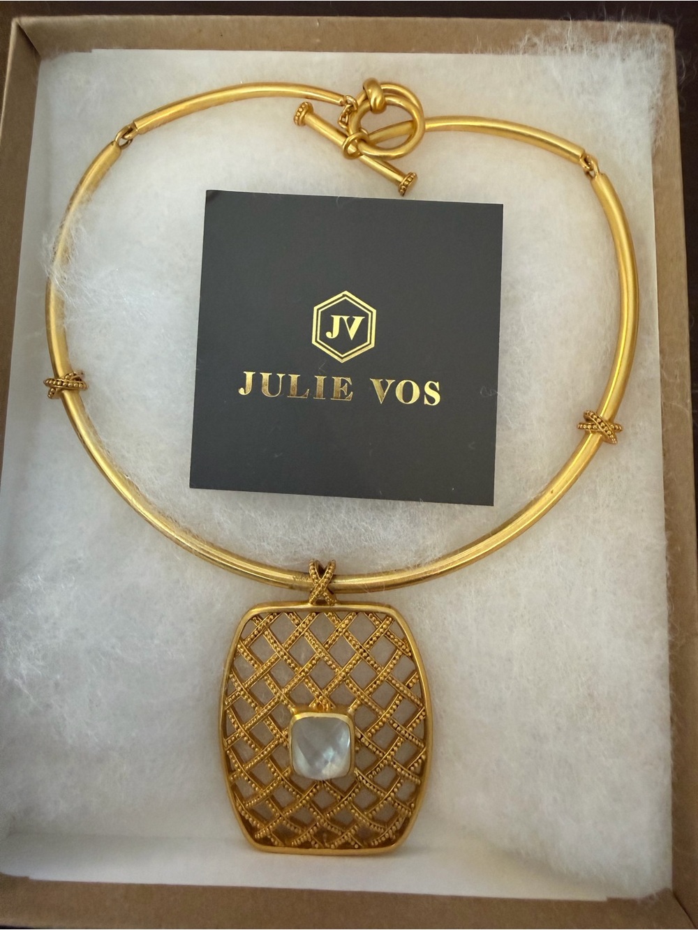 Julie Vos Gold Lattice Pendant Necklace with Mother-of-Pearl Center